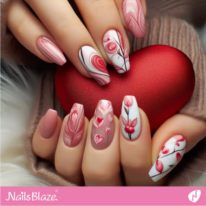 Pink and White Marble Nail Design with Hearts and Flowers | Valentine Nails - NB2337